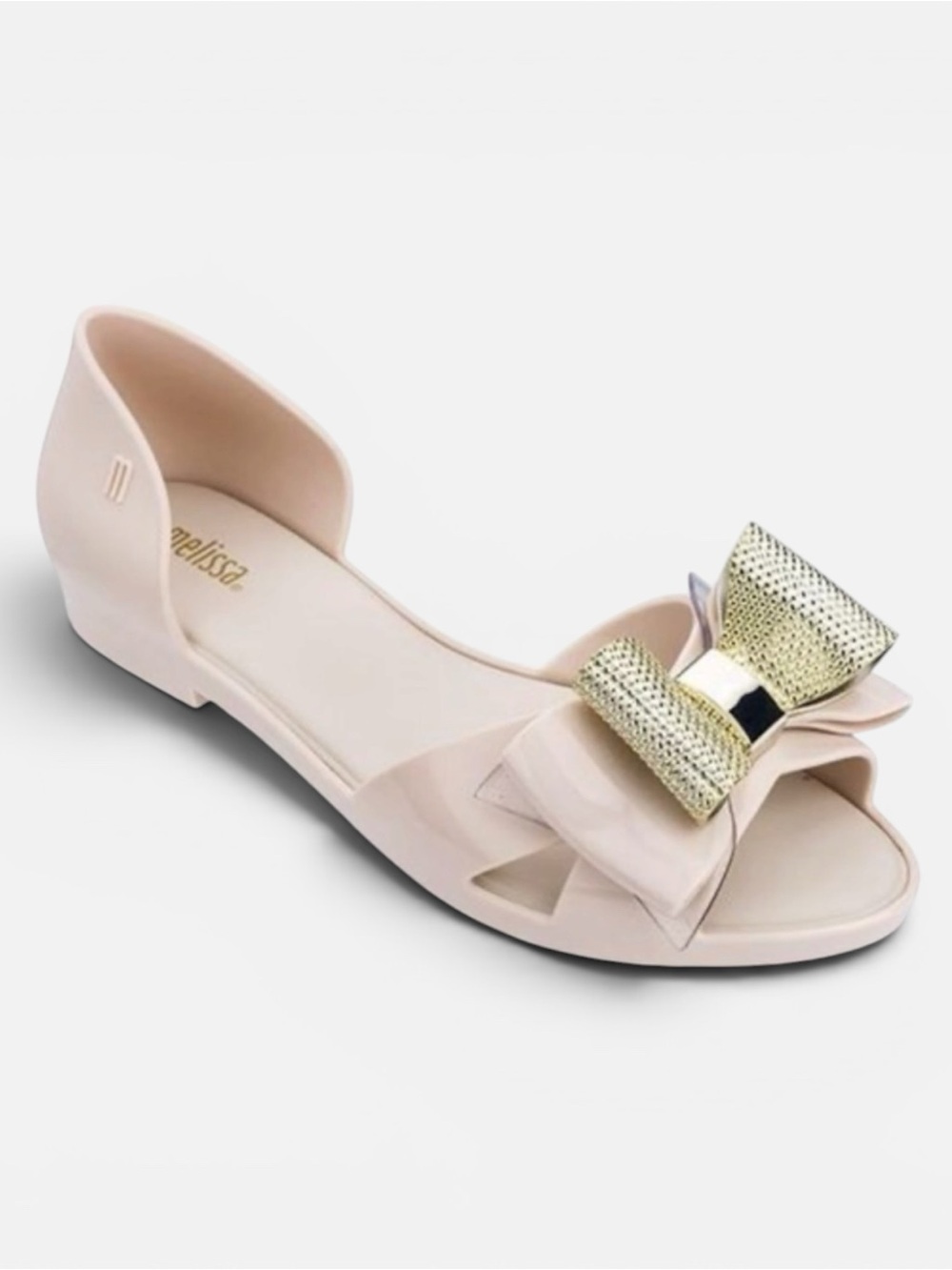 Melissa Seduction V Jelly Beige Flats with Textured Gold Bow Sz. 8
